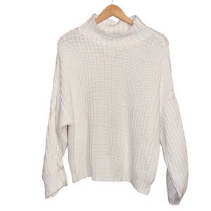 •EXPRESS WHITE KNIT OVERSIZED MOCK NECK SWEATER WITH BRAIDED DROP SLEEVES MEDIUM